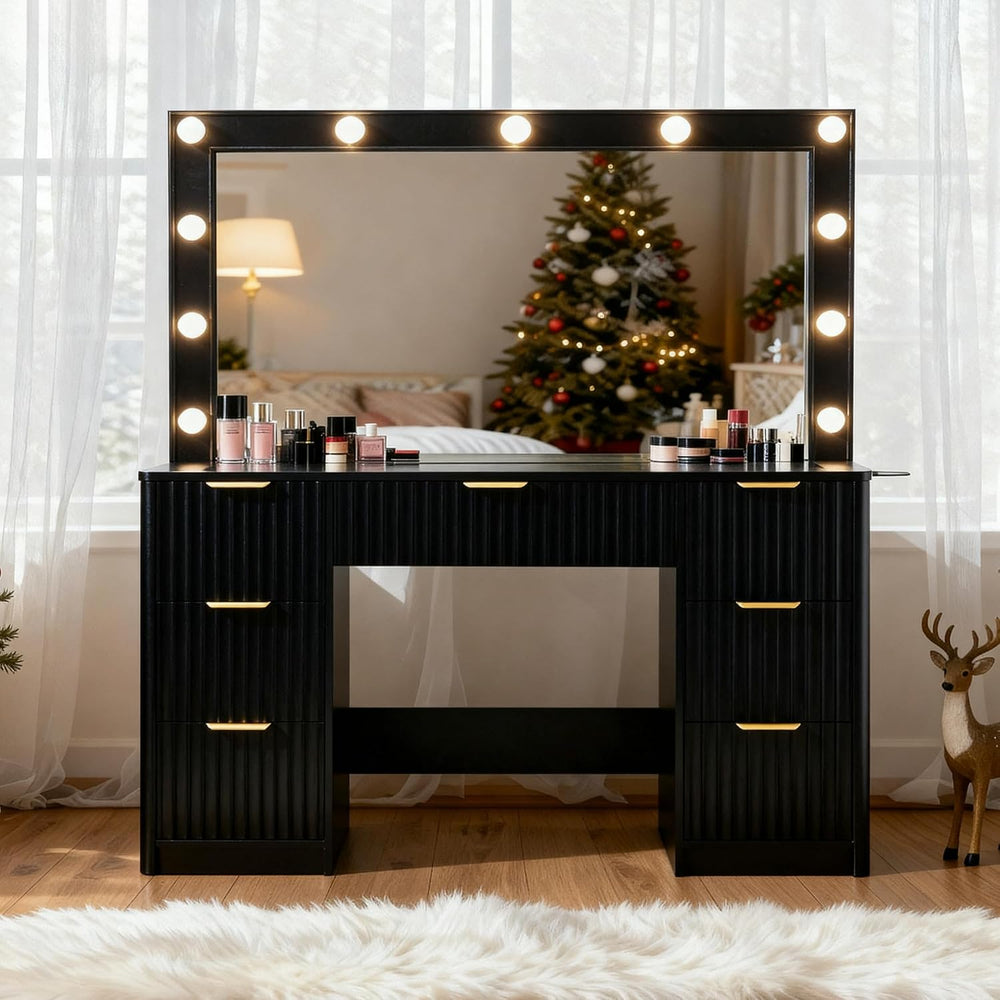 LUXOAK 47" Makeup Vanity Desk with Large Mirror & LED Lights, Black ...