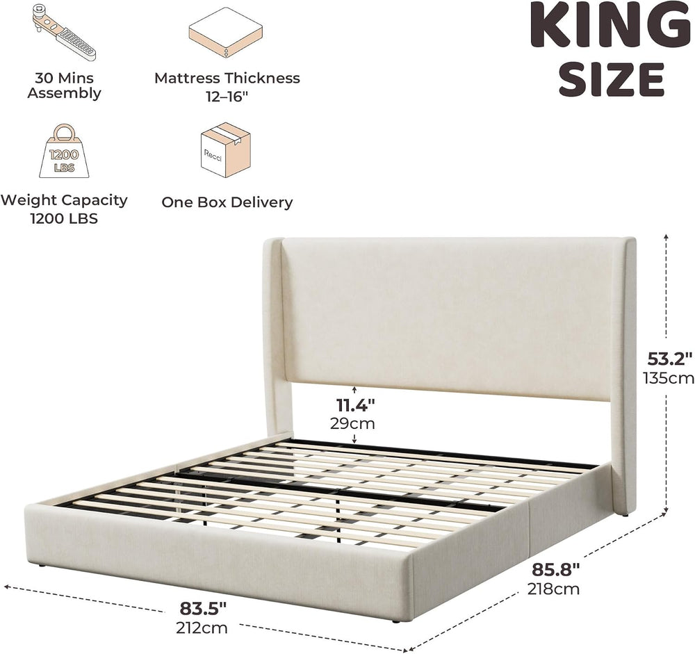 RECCI King Size Upholstered Platform Bed Frame with Tall Wingback Headboard
