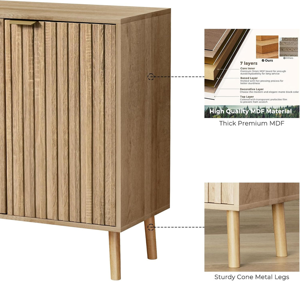 Vrullu Fluted Storage Cabinet, Free Standing Buffet, Wood Sideboard, Multifun...