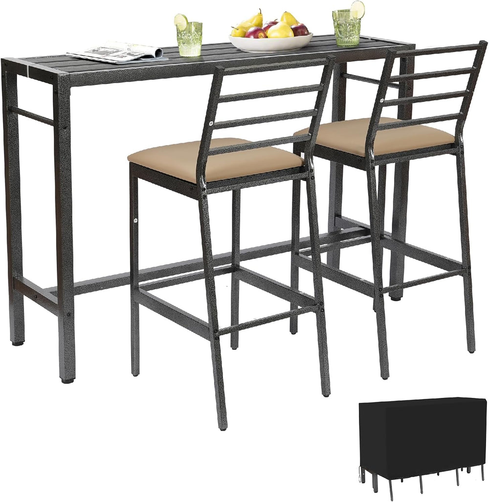 3Pcs Outdoor Patio Bar Set with Cover, 55" Rectangular Pub Height High T...