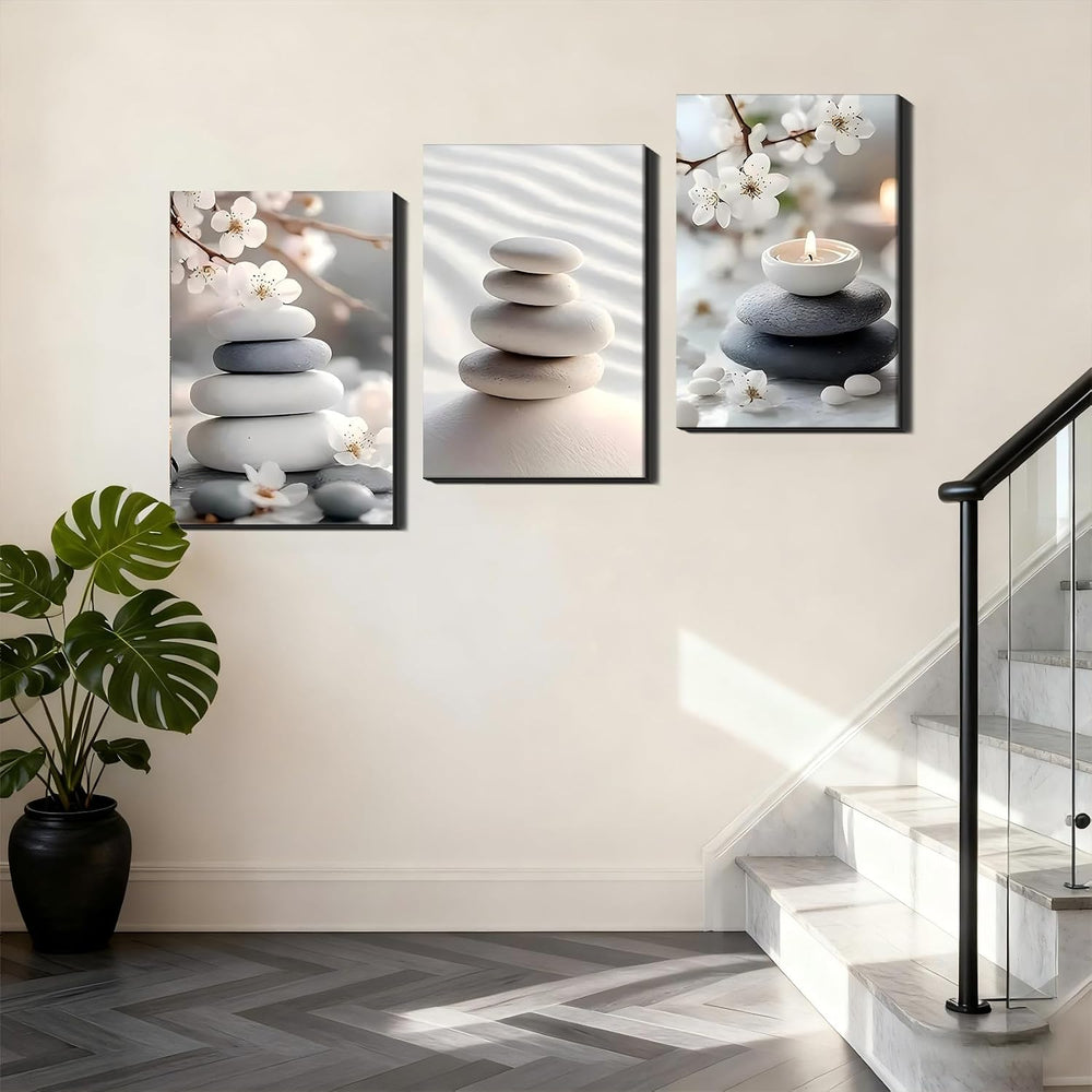 3 Panel Framed Canvas Wall Art - Calming Zen Wall Decor, Neutral-Tone Stone &...