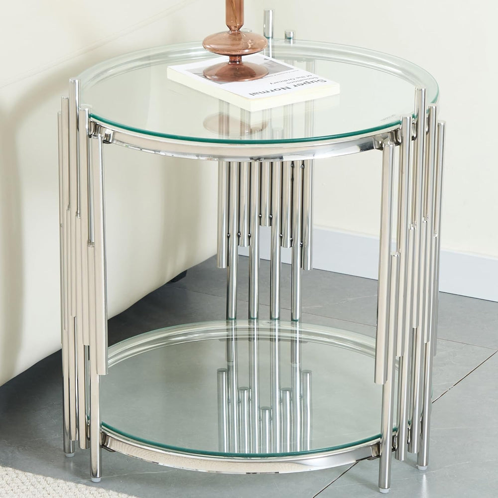 Modern Glass End Table, 19.69" Round Sofa Side Table with Silver Stainle...
