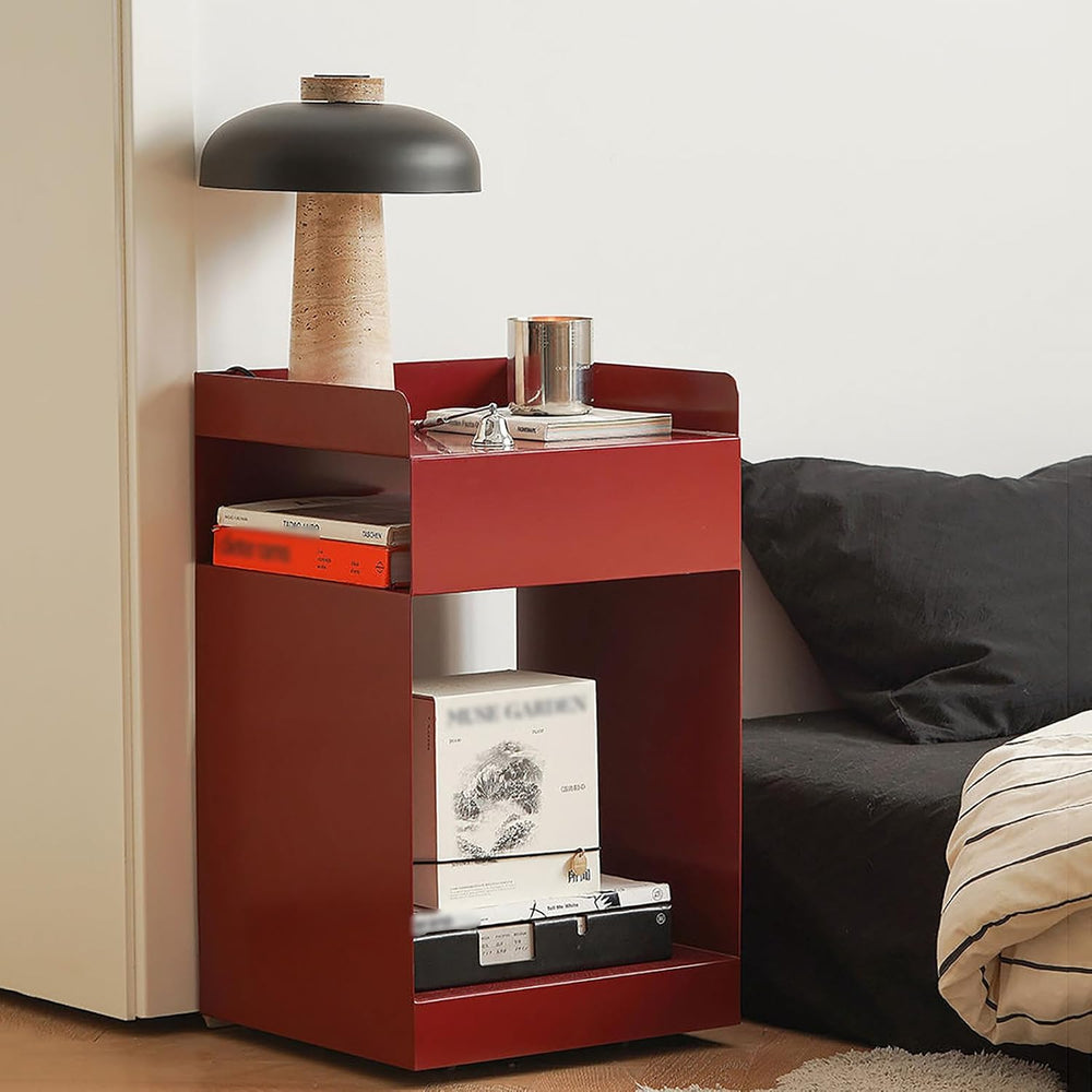 Mobile Narrow Side Table, Modern Metal End Table with 3 Tier Storage, Rolling...