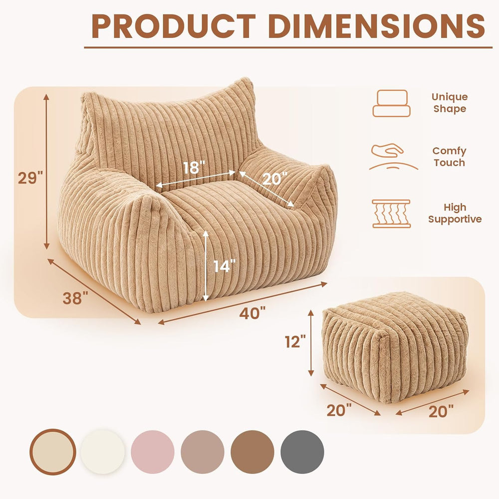 WSOFRLAC Giant Plush Bean Bag Chairs, Cozy Fluffy Single Cloud Couch, Khaki |...