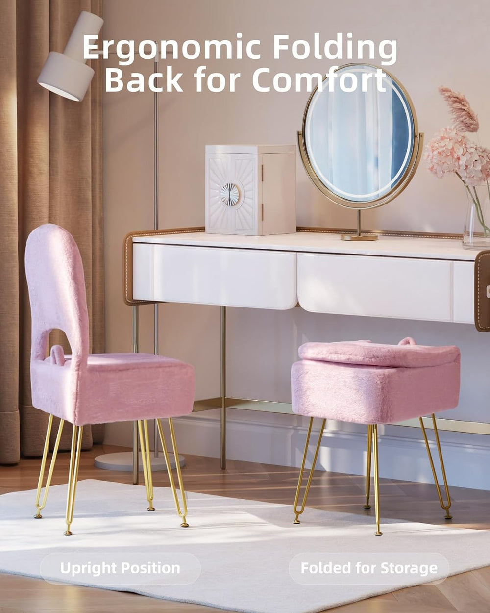 Pink Vanity Chair with Storage and Back for Teens - Faux Fur Makeup Vanity St...