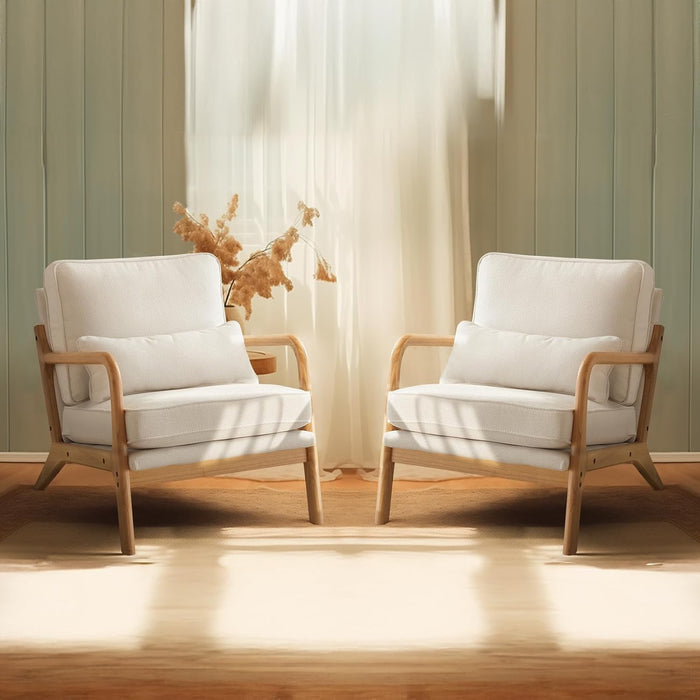 Bonnlo Coarse Beige Accent Chairs Set of 2, Upholstered Mid Century Modern Lounge Fabric Chairs Reading Chairs Side Sitting Chair Solid Wood Farmhouse Armchairs for Living Room, Bedroom, Guest Room