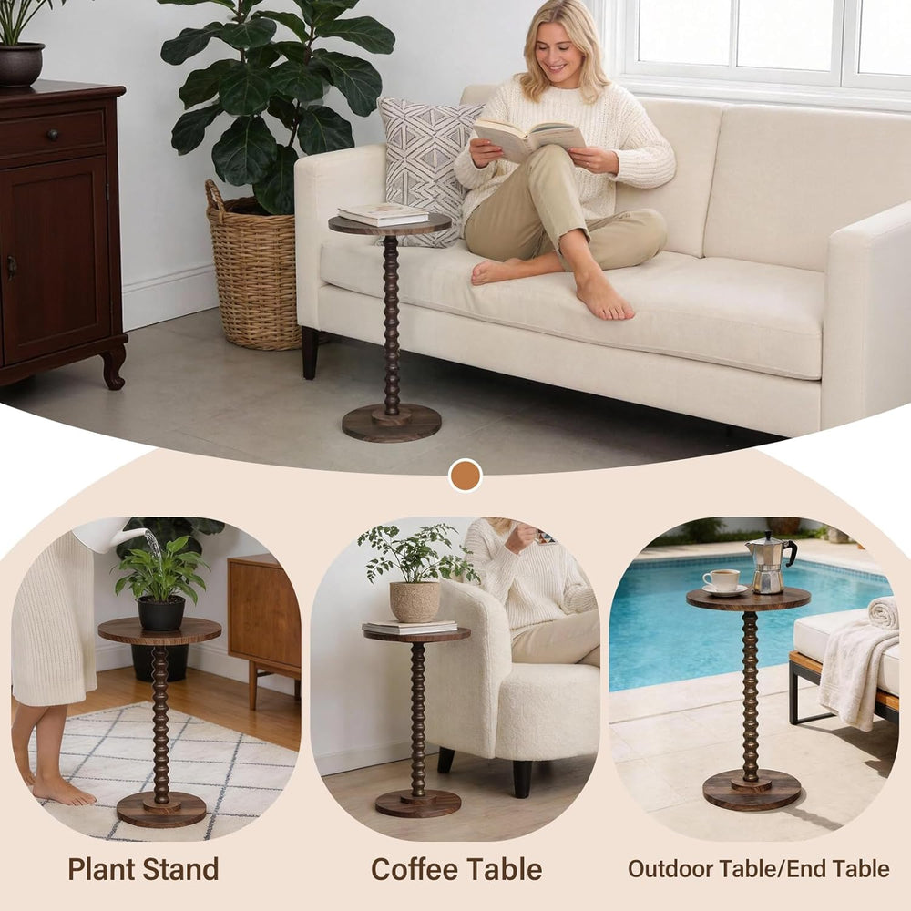 Round Side Table, Walnut Martini Drink Table for Small Spaces, Modern Pedesta...