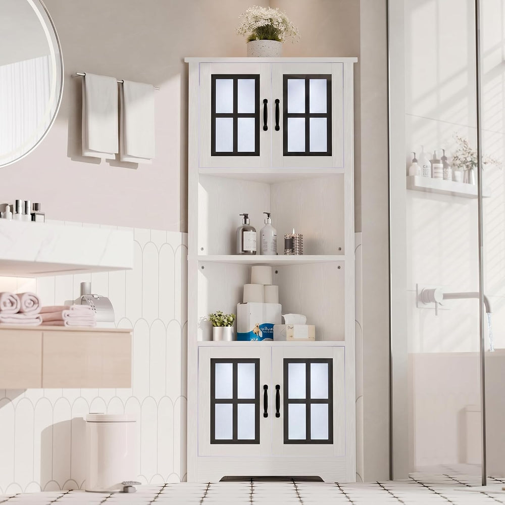 Corner Cabinet with Glass Doors and LED Lights, 67" Tall Corner Pantry C...