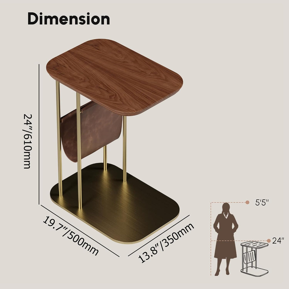 LOVEDIMA C-Shaped Walnut & Gold Rotating Side Table with Storage - 360° S...