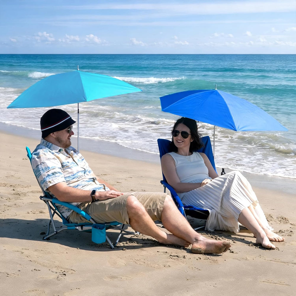 Romswi Beach Chair with Umbrella 2PK, Folding Low Beach Chairs for Adults wit...