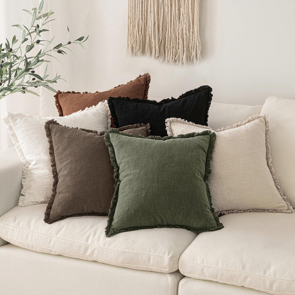 MIULEE Linen Fringe Decorative Fall Pillow Covers Chocolate Brown 20x20