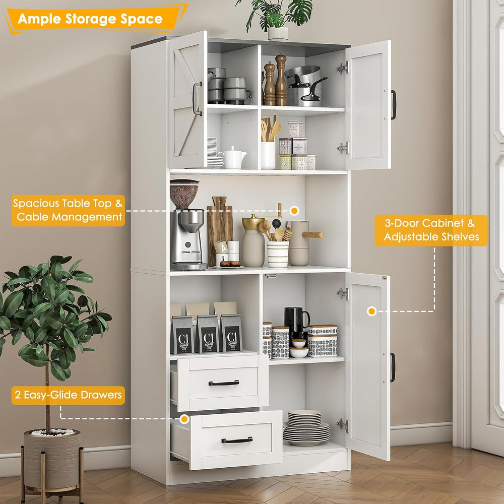 Kitchen Pantry Storage Cabinet with LED Lights and Power Strip, Tall Farmhous...