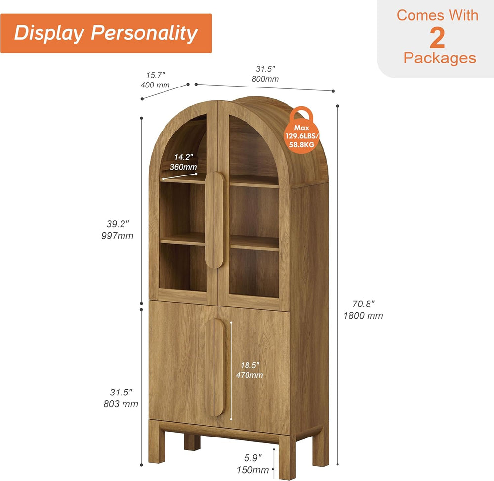 WAMPAT 71" Tall Arched Kitchen Pantry Cabinet with Glass Door, Modern Fa...