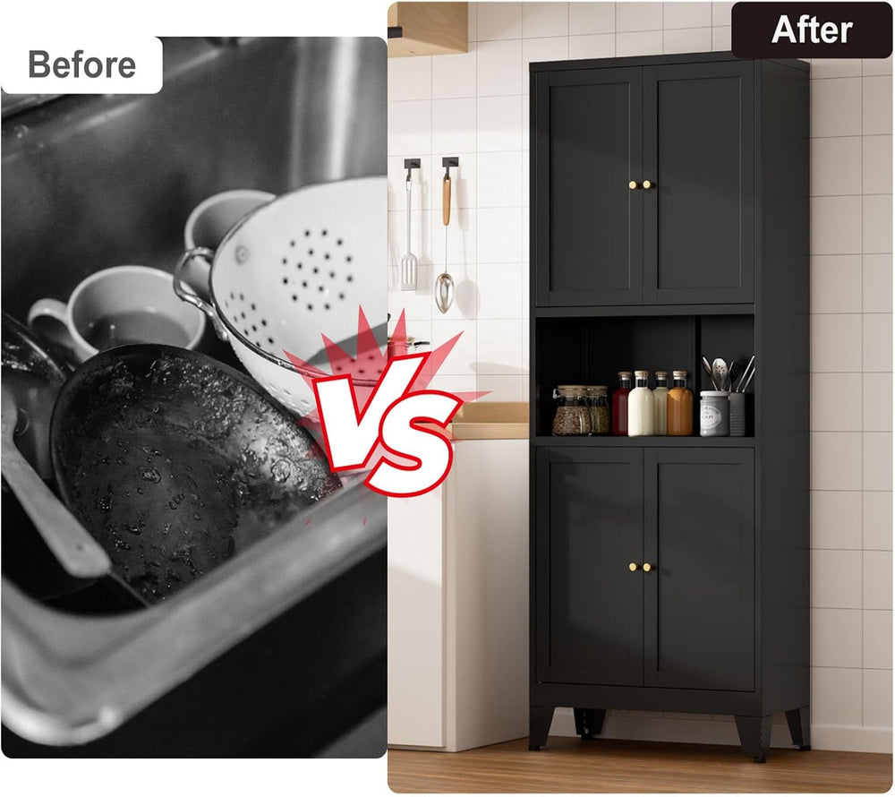 Metal Kitchen Pantry Cabinet, 69" Tall Black Storage Cabinet with 4 Door...