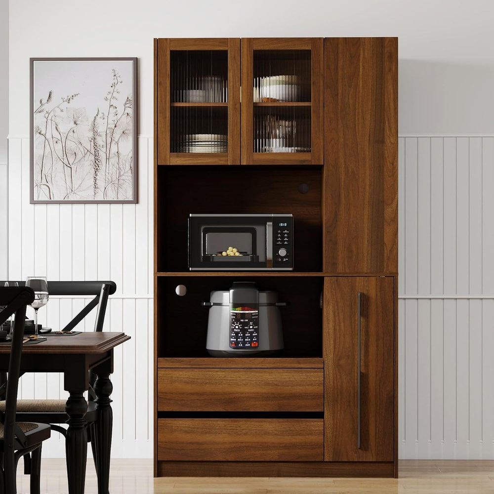 70.87" Kitchen Pantry Cabinet with Microwave Stand, Multi-Tier Pull-Out ...