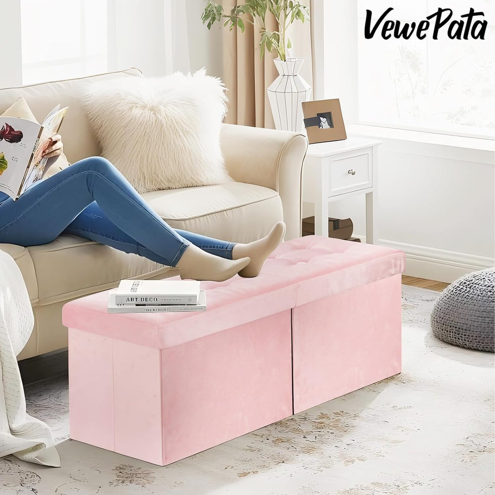 Storage Ottoman Bench, 34" Teddy Velvet Folding Foot Rest, Pink | Large ...