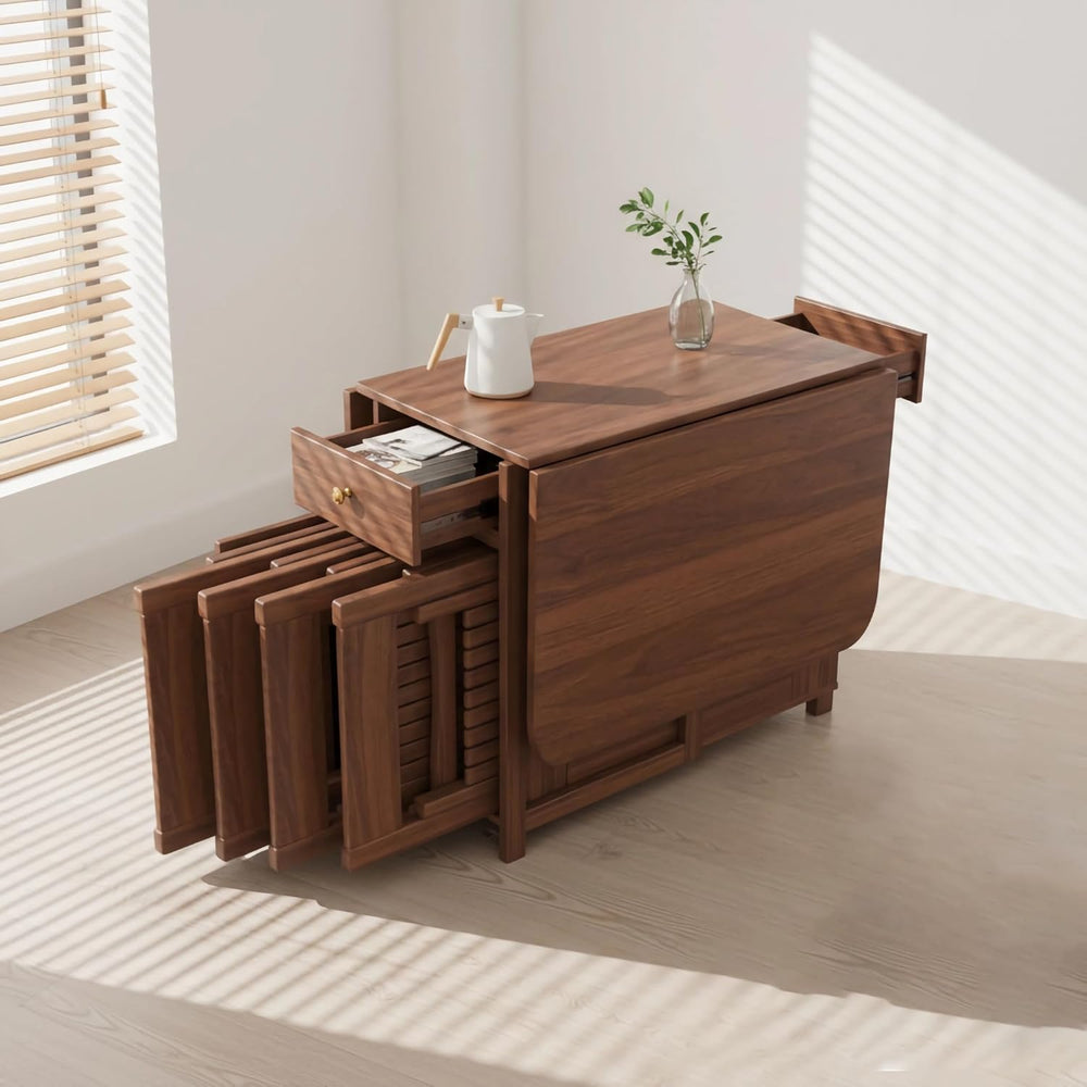 Extendable Drop Leaf Folding Dining Table with 2 Hidden Storage Drawers and 4...