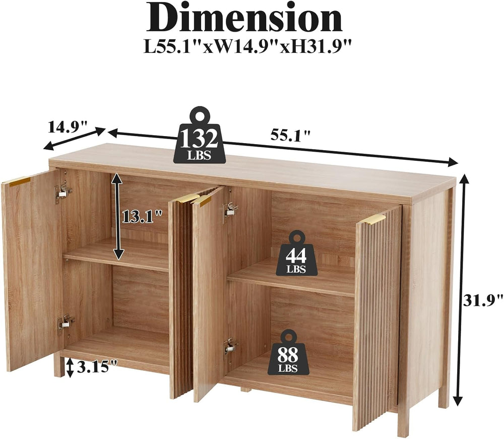 Fluted Sideboard Buffet Cabinet, 55" Large Storage Buffet Cabinet with 4...