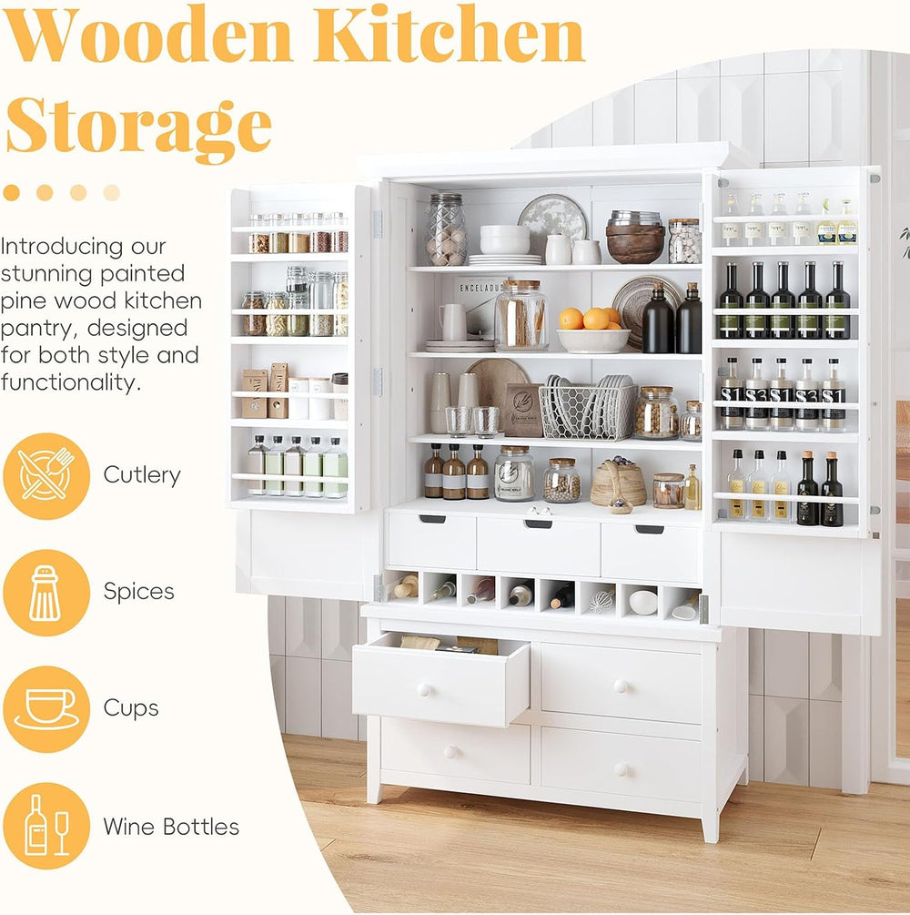 71" Tall Farmhouse Kitchen Pantry Cabinet with Adjustable Shelves & ...