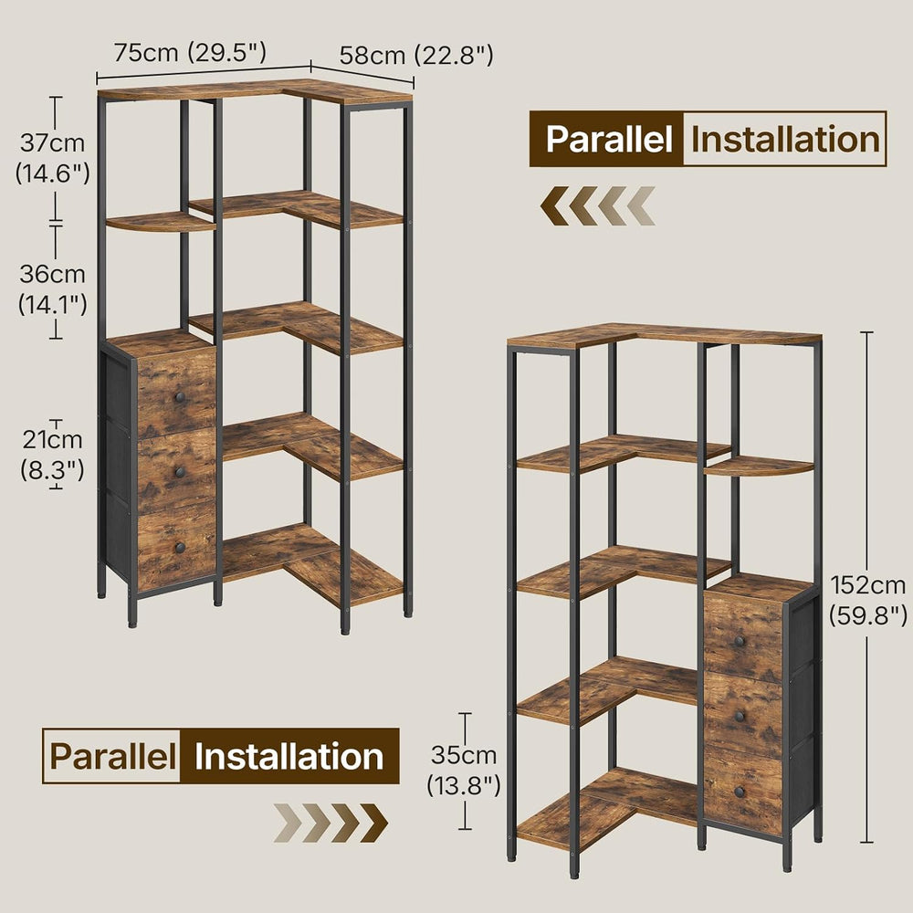 YATINEY Corner Bookshelf, 5-Tier L-Shaped Bookcase with 3 Fabric Drawers, Sto...