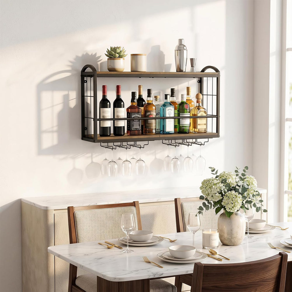 Wall Mounted Wine Rack, Floating Bar Shelf with 2 Tier Wood Shelves and Wine ...