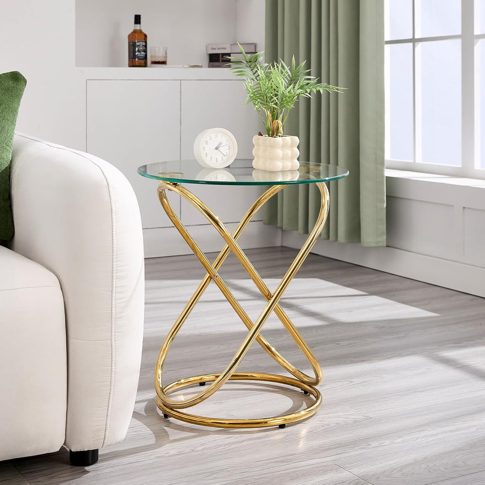 BECHAEO 19.7" Round Glass Gold Side Table with Gold-Plated Metal Ring-Sh...