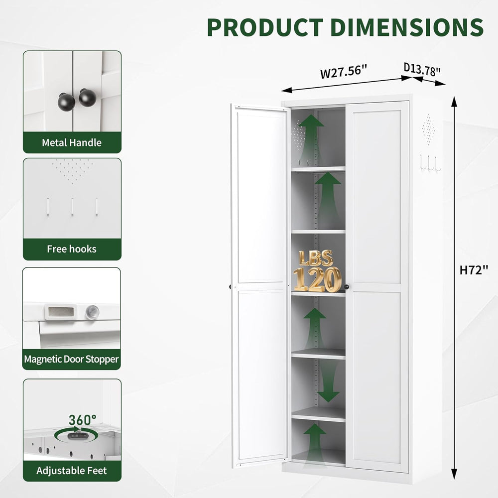 72" Tall Kitchen Pantry Cabinet,White Metal Pantry Cabinet with 2 Doors ...