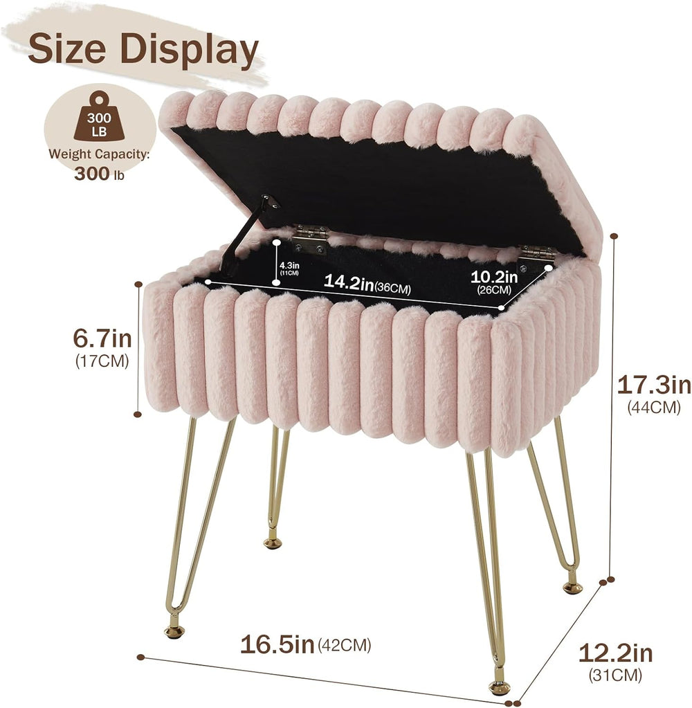 EBENCHICO Vanity Stool Chair with Storage, Faux Fur Stools for Vanity | Makeu...