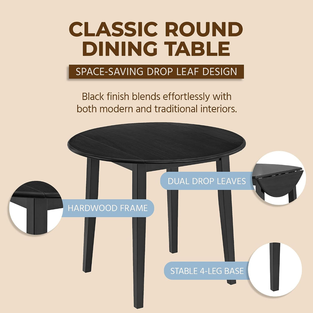 ROME + OAK Hinged Drop Leaf Dining Table, 22-36 Inch Round Tabletop with Stur...