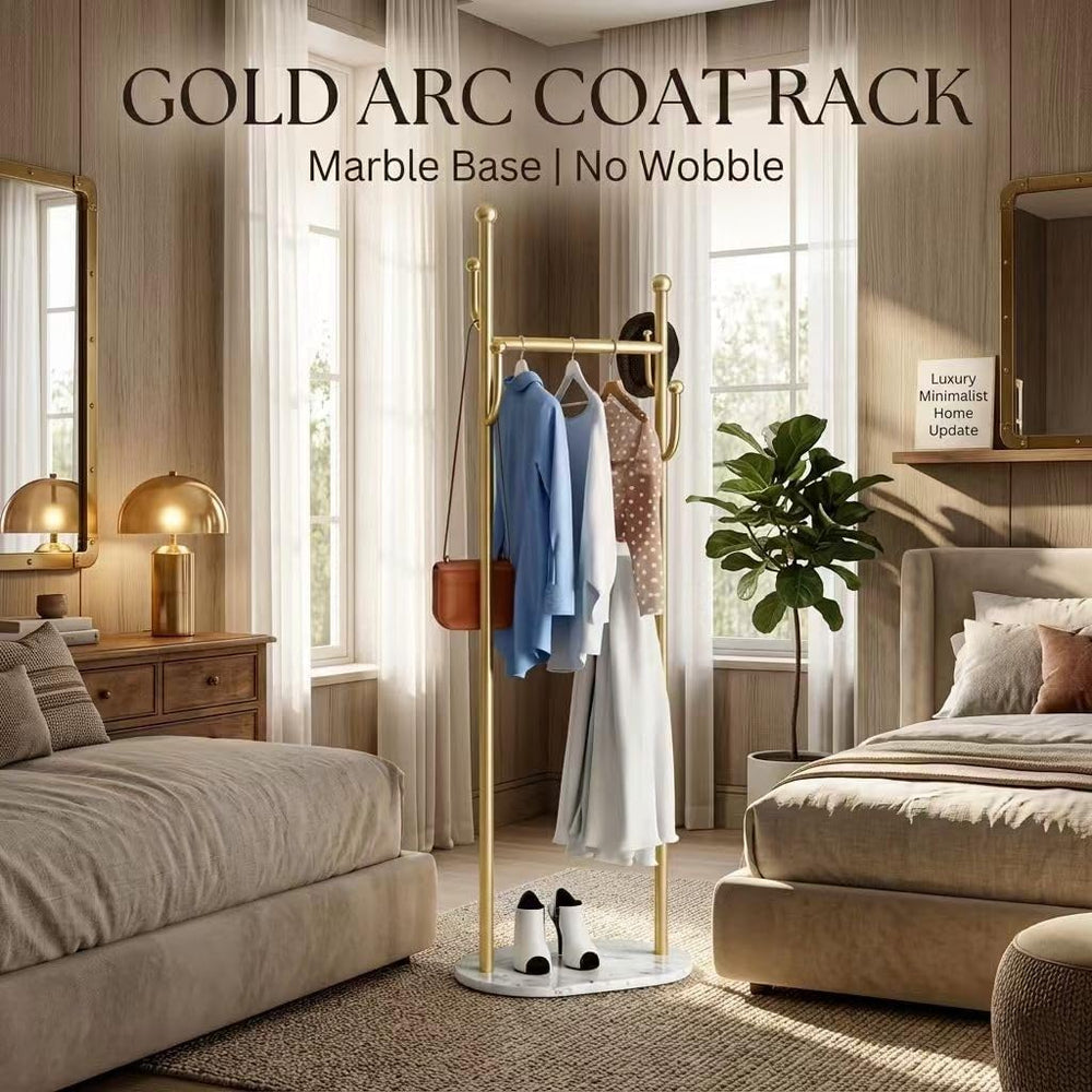 Gold Metal Clothes Rack Heavy Duty Freestanding Coat Rack with White Marble L...