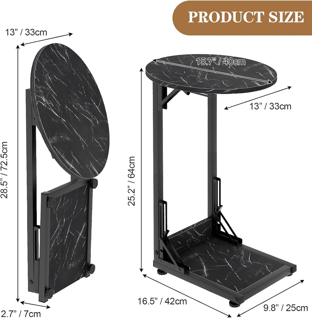 Folding Side Table, C Shaped End Table with Metal Frame, Round Couch Table &a...