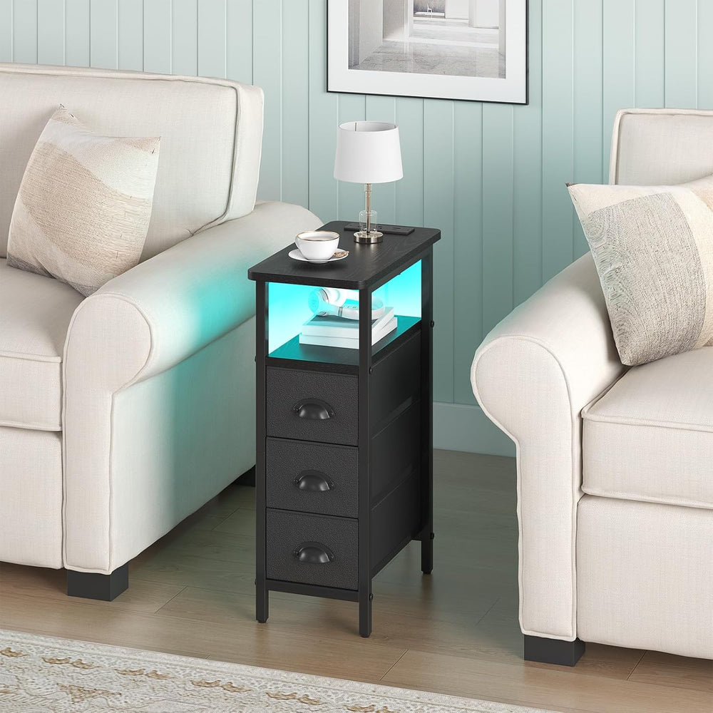shtmec Narrow End Table Set of 2 with Charging Station, LED Side Tables Set 2...