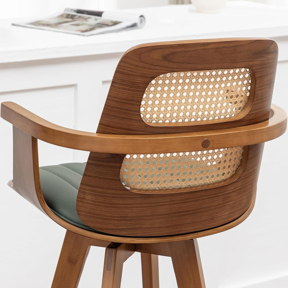 Mid Century Bar Stools, Rattan Bar Height Barstools with Curved Cane Back