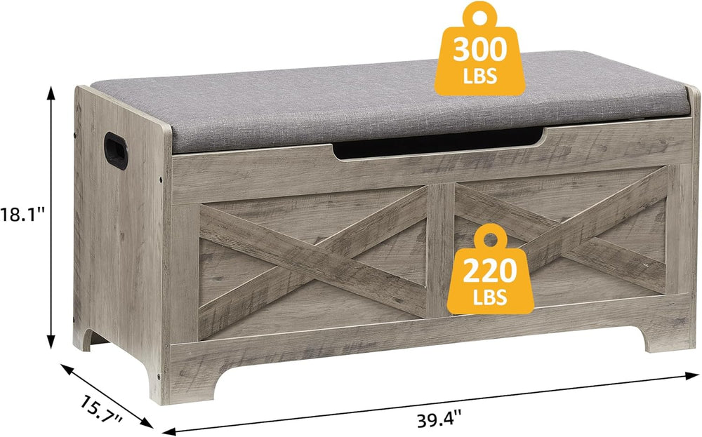 IDEALHOUSE 39.4" Storage Bench with 2 Safety Hinges, Grey | Retro Wooden...