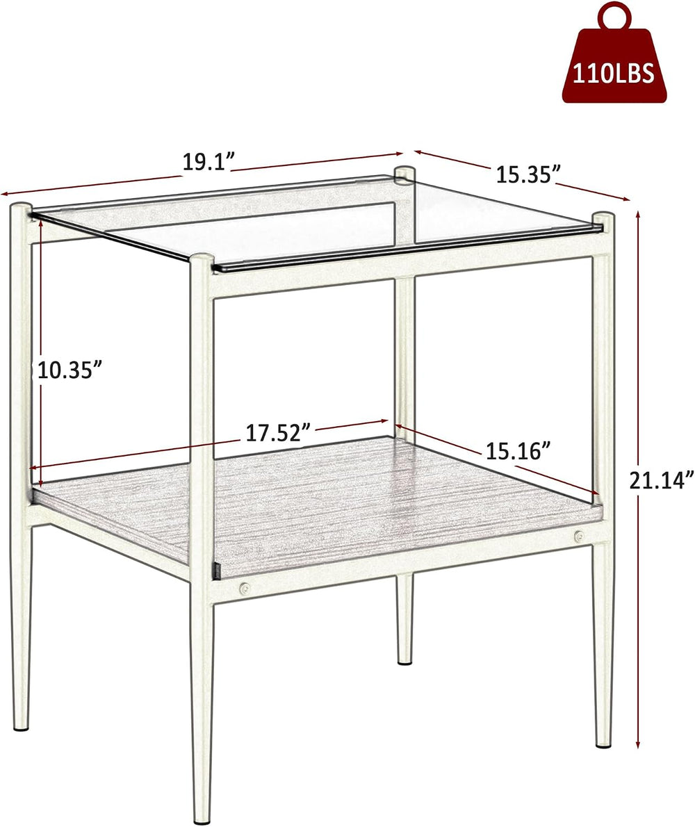 End Table Set of 2, Tempered Glass Side Tables Set with Wooden Storage Shelf,...