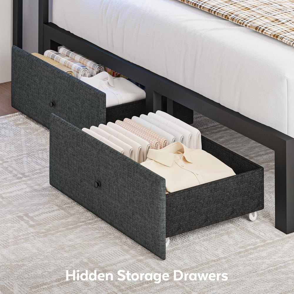 Queen Corner Bed Frame with Storage Drawers, Modern Daybed with LED Lights an...
