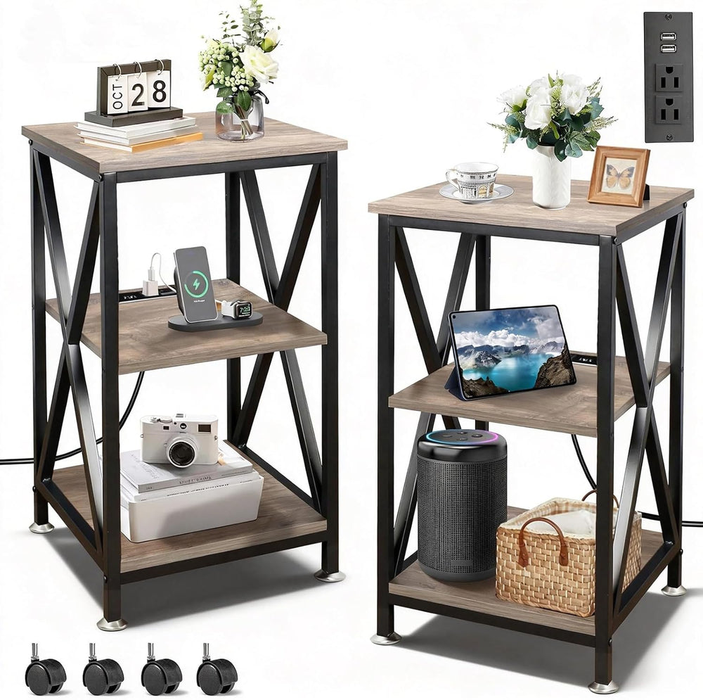 End Tables Living Room Set of 2, Square End Table with Charging Station, 16&q...