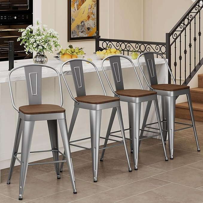 Andeworld Metal Bar Stools Set of 4, 26 inch Counter Height Barstools with Ba...