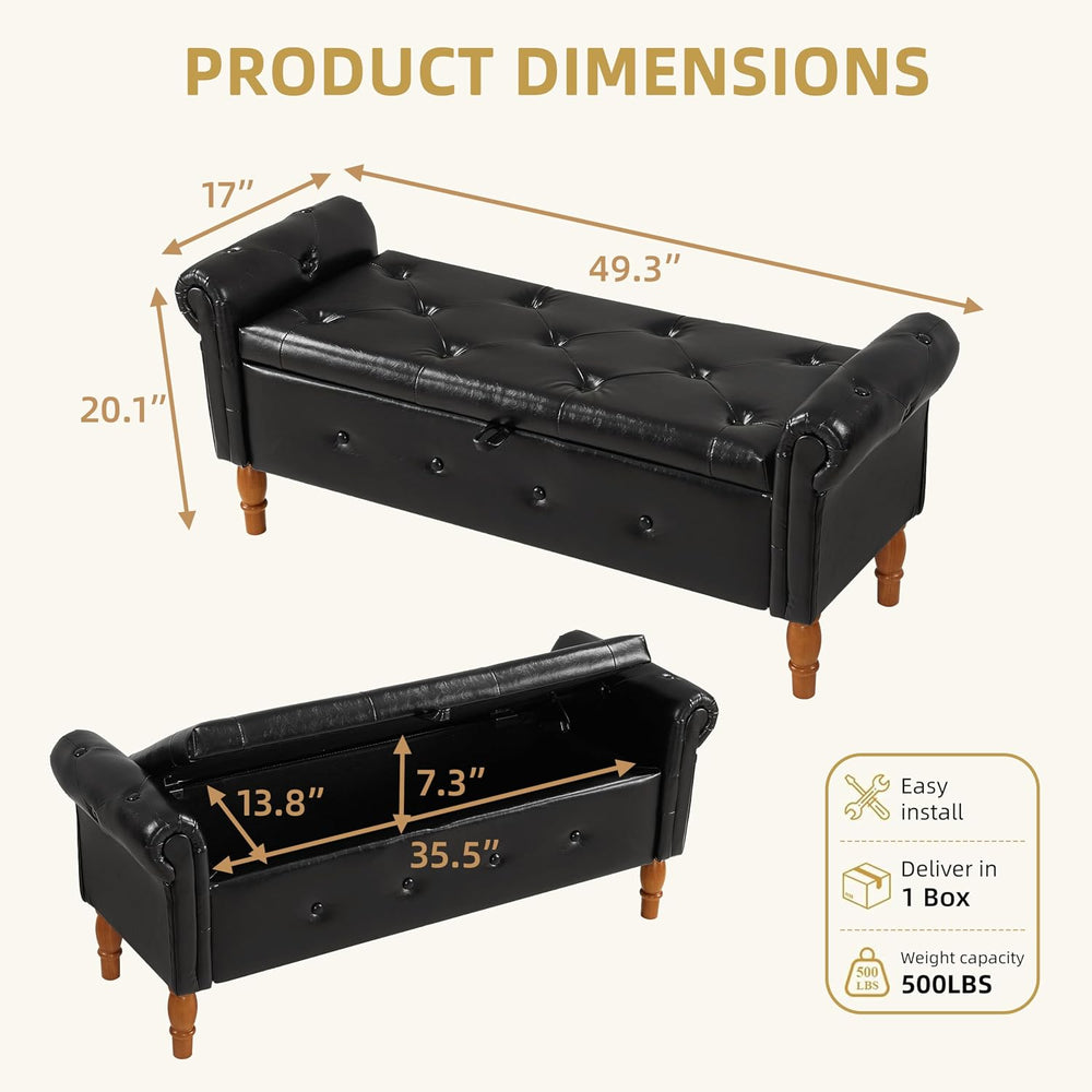 Storage Ottoman Bench, 50" Modern Upholstered End of Bed Bench, Faux Lea...