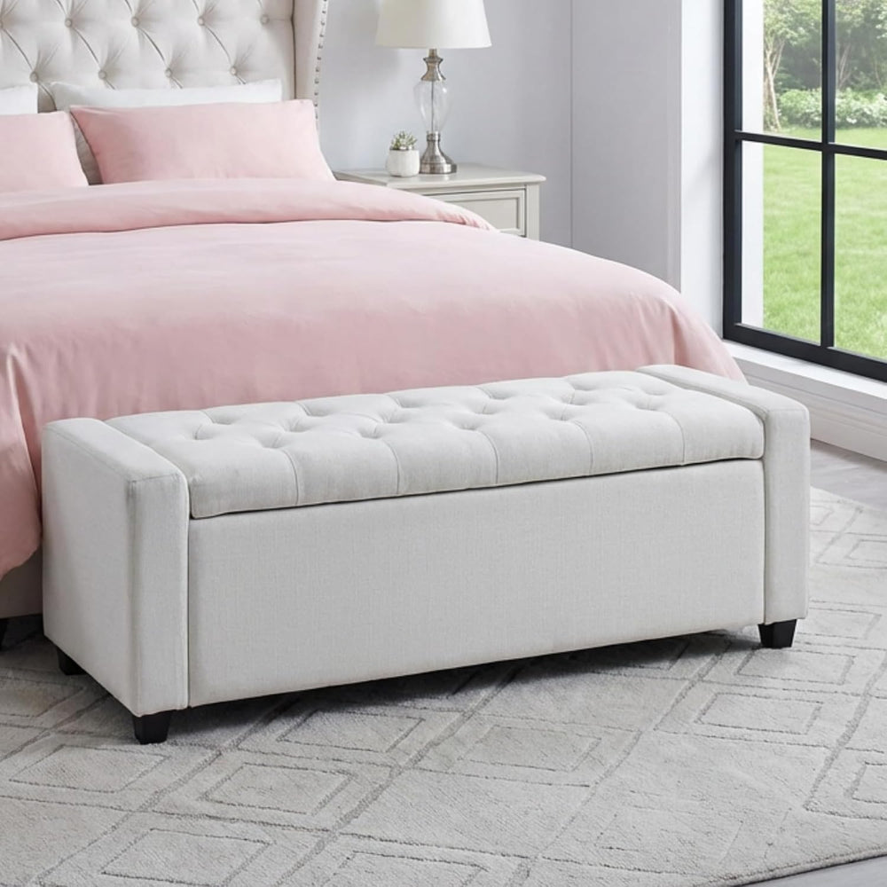 Storage Bench for Bedroom, 48.4'' End of Bed Beige Ottoman Lined Fabr...
