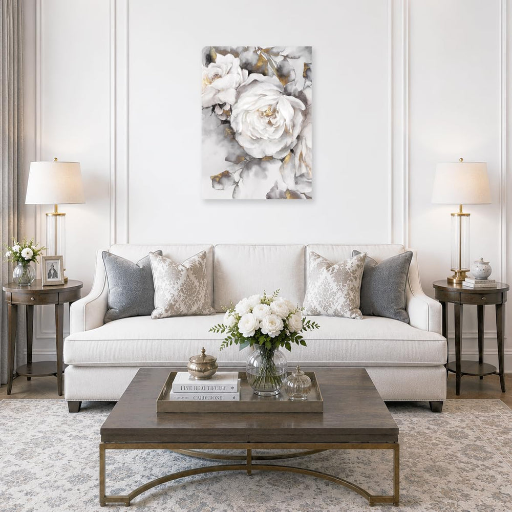 Floral Wall Decor White and Grey Blooming Rose Flower with Gold Canvas Wall A...