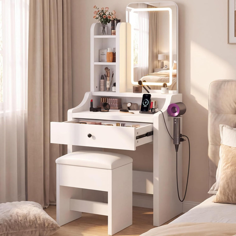 Small Vanity Desk with LED Light Mirror and Storage Bench, White | Small Vani...