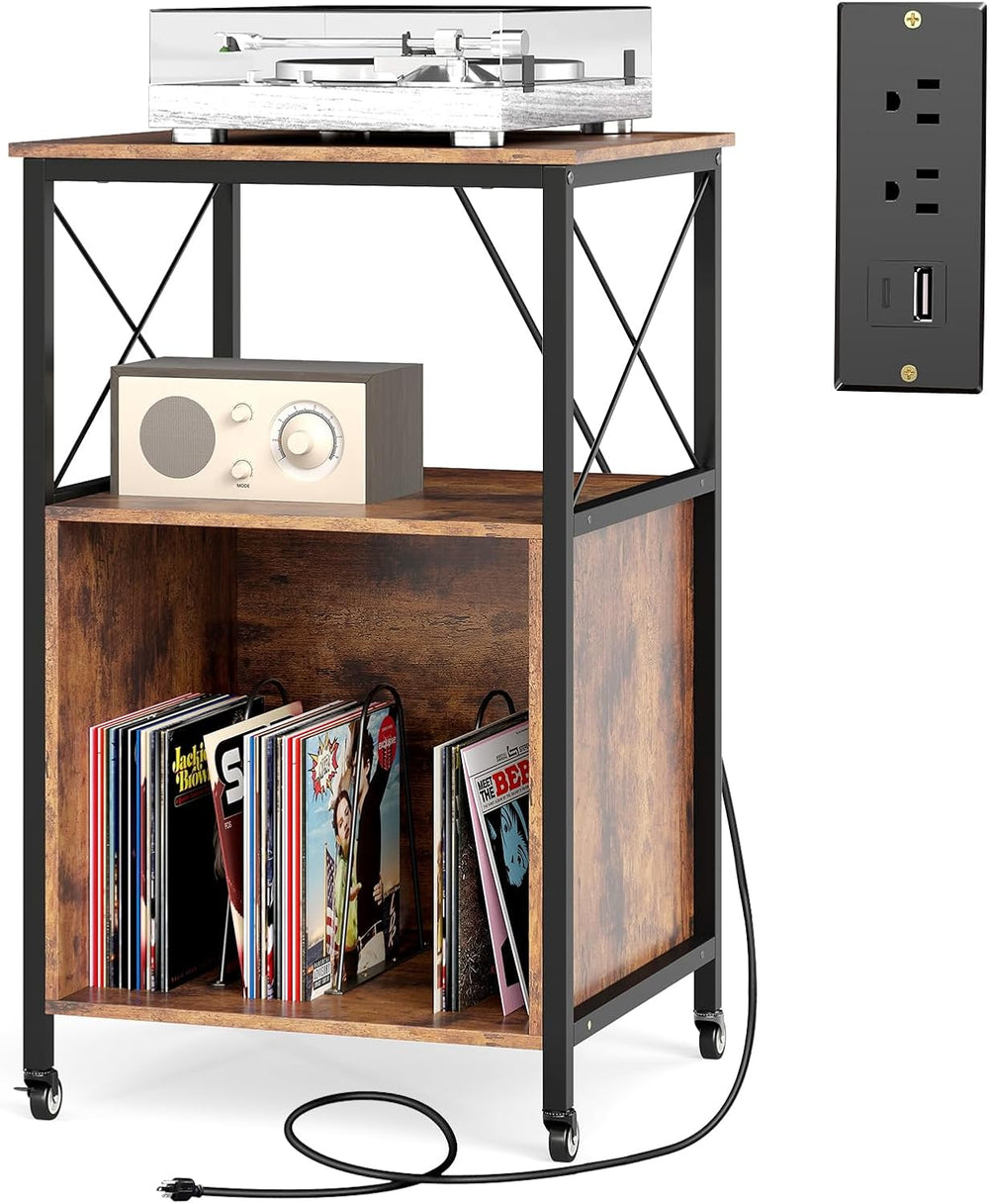 LOKO 3-Tier Rolling Record Player Stand, Mobile Turntable Stand with Power Ou...