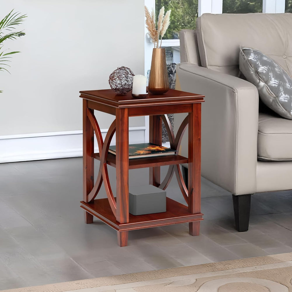 eHemco Solid Wood Square End Table with Storage Shelves, 3-Tier Accent Side T...