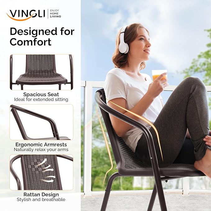 VINGLI Plastic Stackable Patio Chairs, Set of 4, Brown