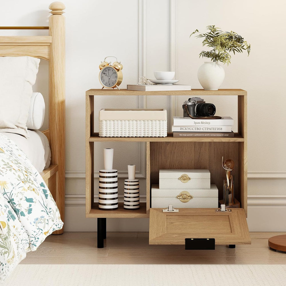 Giantex Rattan End Table with Cabinet, Boho Nightstand with Storage Shelves, ...