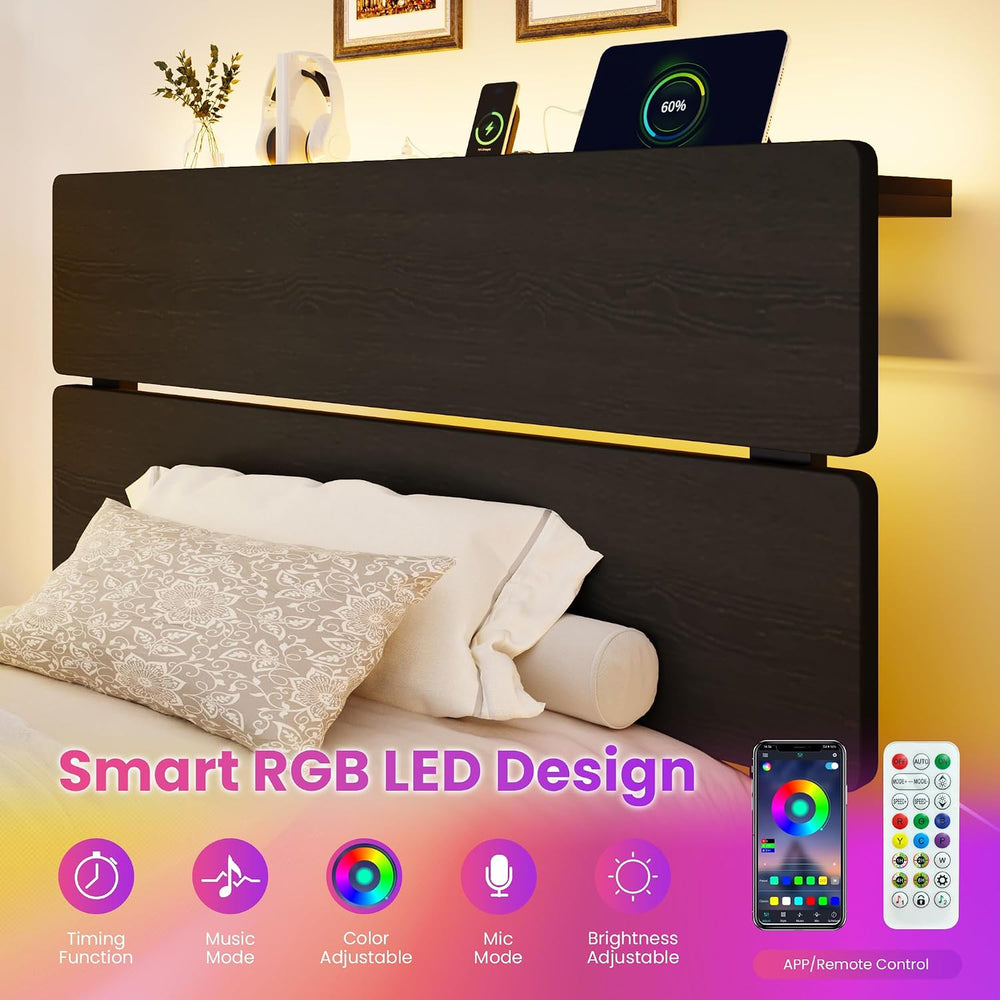 SHA CERLIN Twin Size Bed Frame, Led Light, Charging Station, Storage Shelf