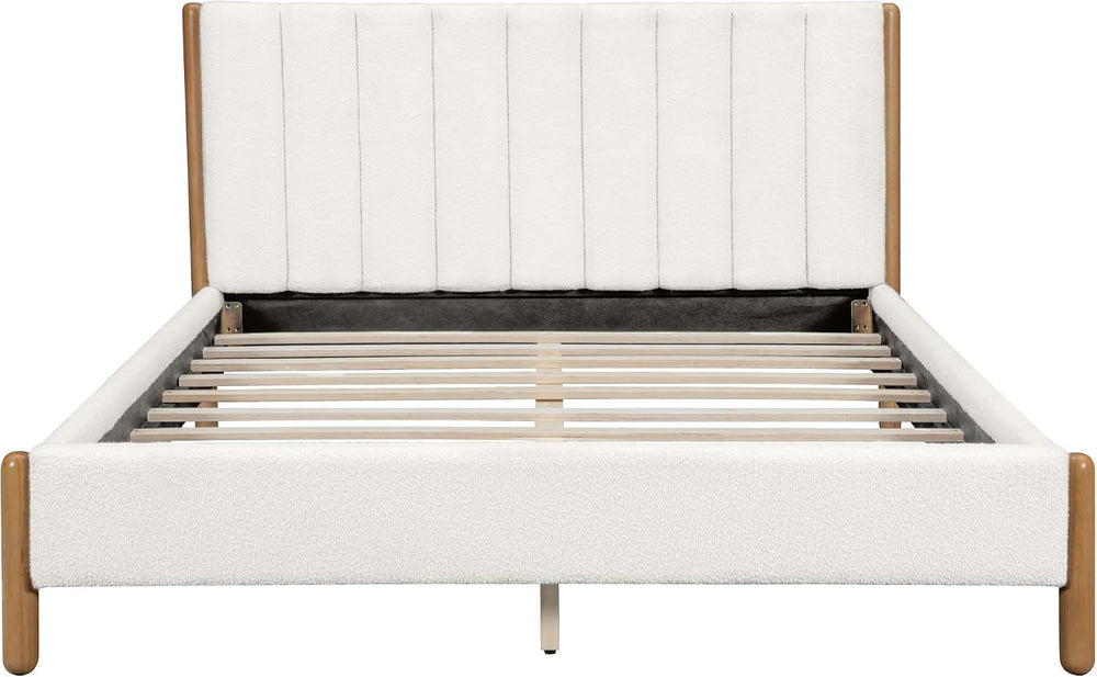 Peanu Queen Bed Frame, Boucle Upholstered Headboard, Solid Wood Legs, White
