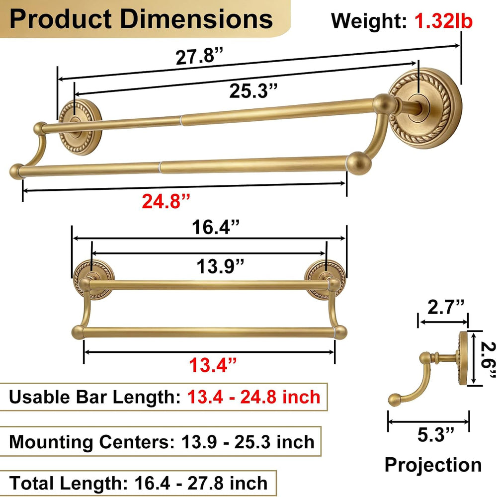 Gold Double Towel Bar, Antique Brass Bathroom Towel Racks Wall Mounted
