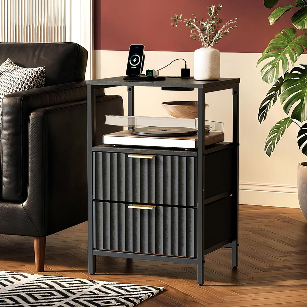 VINGLI Black Nightstands Set of 2 with Fabric Drawers, Fluted Nightstands wit...